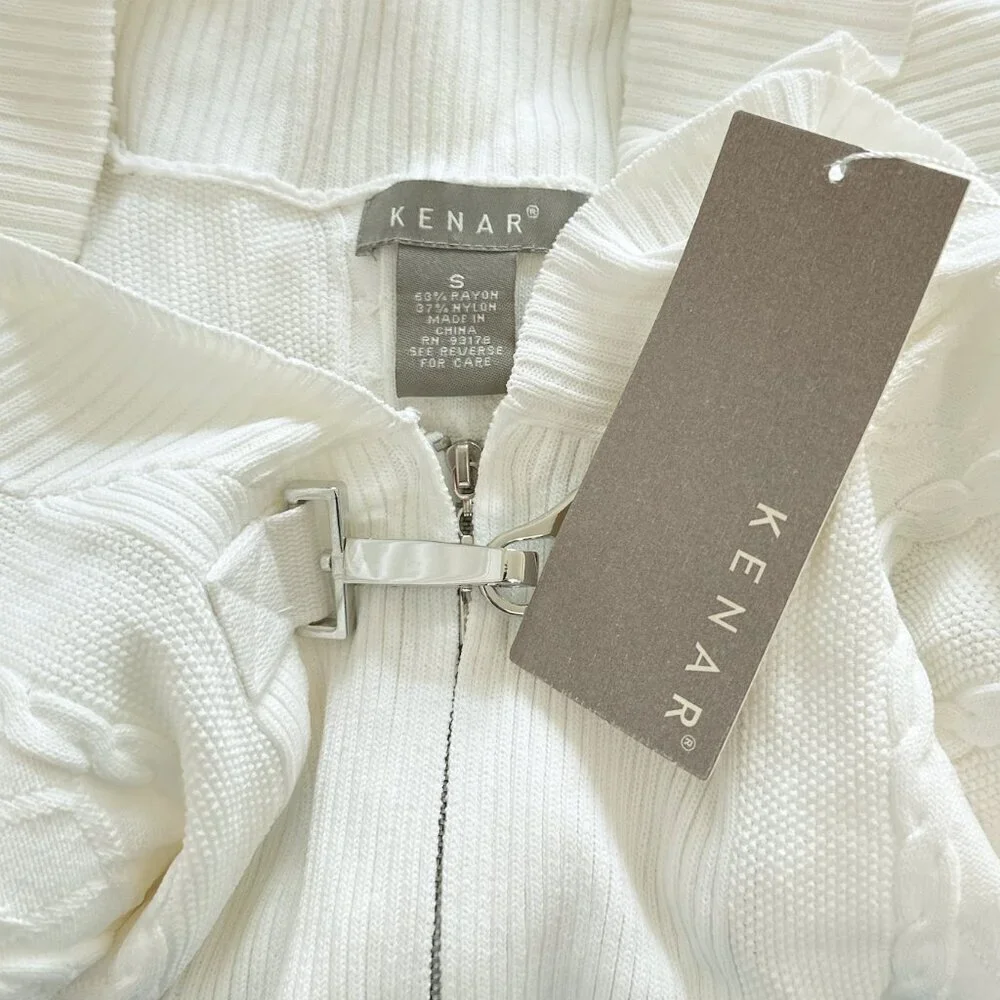 Kenar White Cableknit Zip Front Silver Metal Clasp Cardigan Sweater NWT NEW S